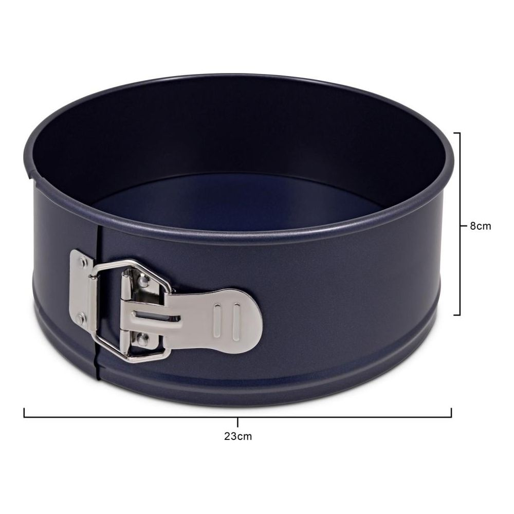 Dunkelblaue Springform, 23cm breit, 8cm hoch, mit silbernem Verschluss.