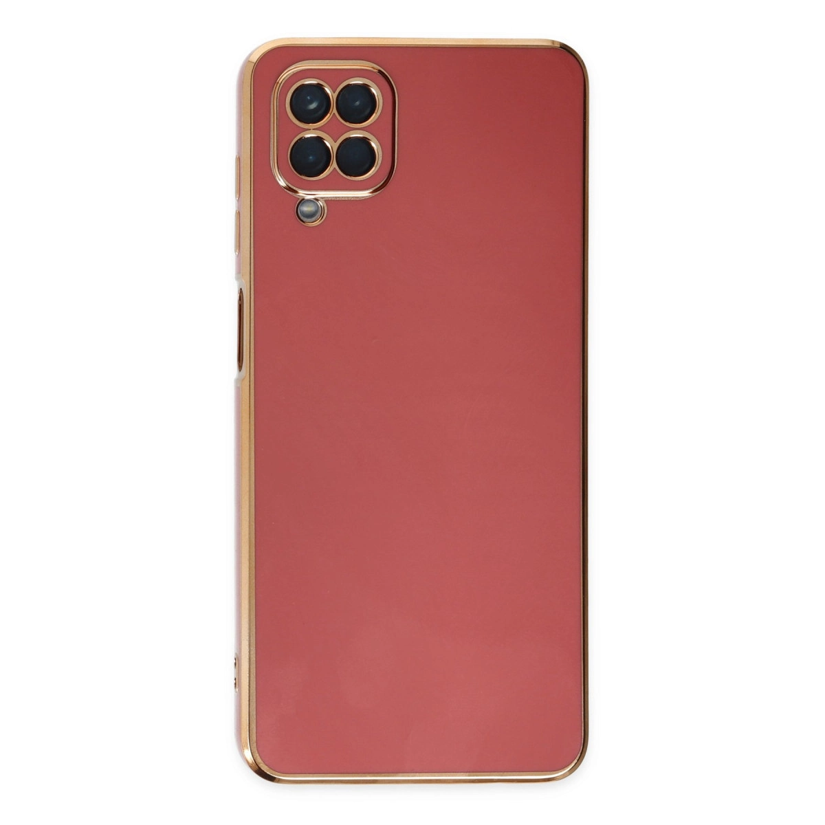 Dört kamera lensli, altın kenarlı kırmızı telefon kılıfı.