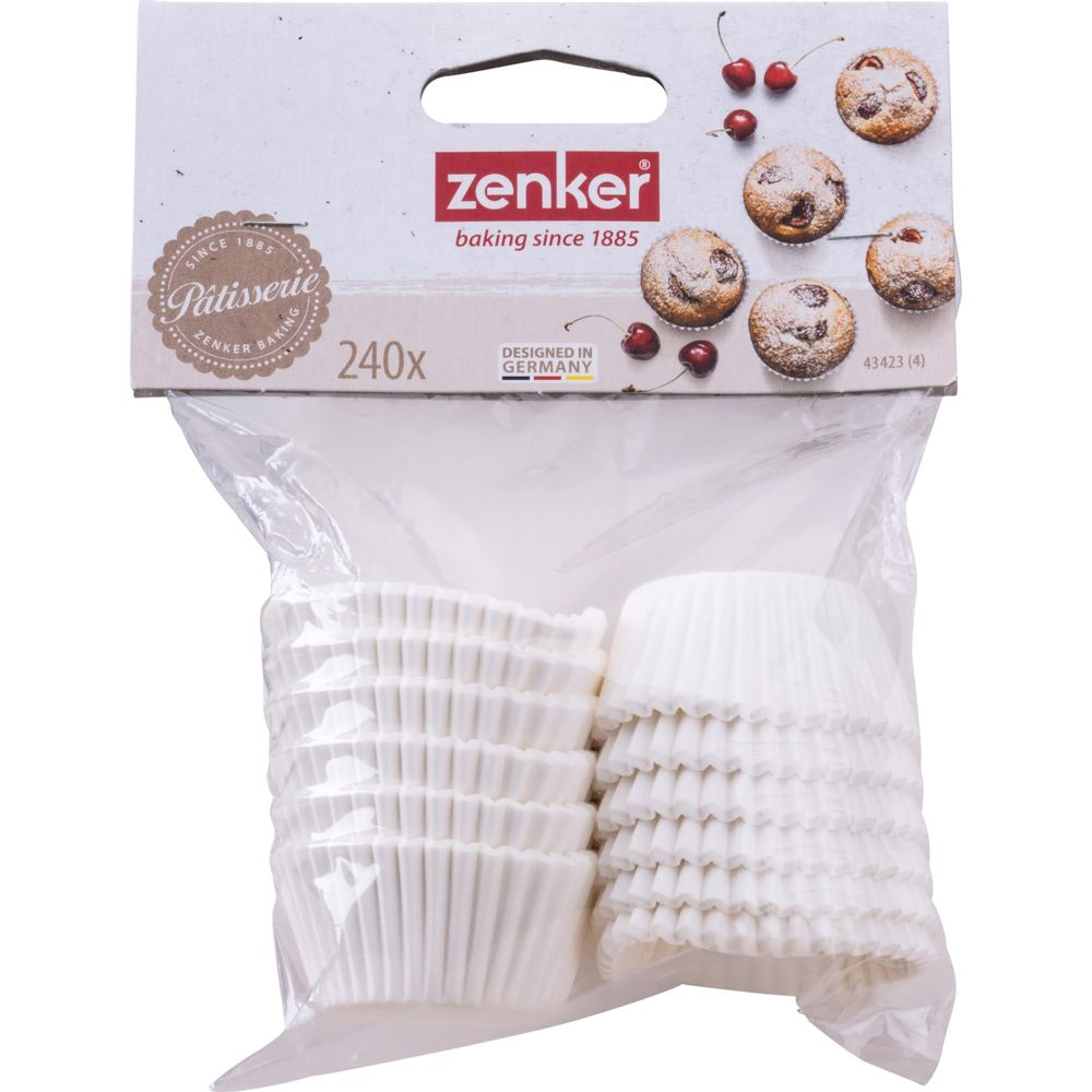 Zenker Backpapierförmchen, 240 Stück, weiß, mit Kirschmuffins auf der Verpackung.