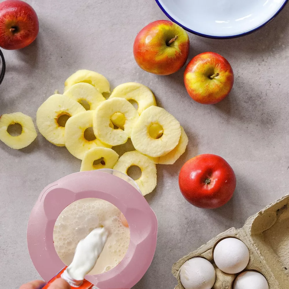 Äpfel, geschnittene Apfelringe, Eier und eine Schüssel mit schaumiger Flüssigkeit.