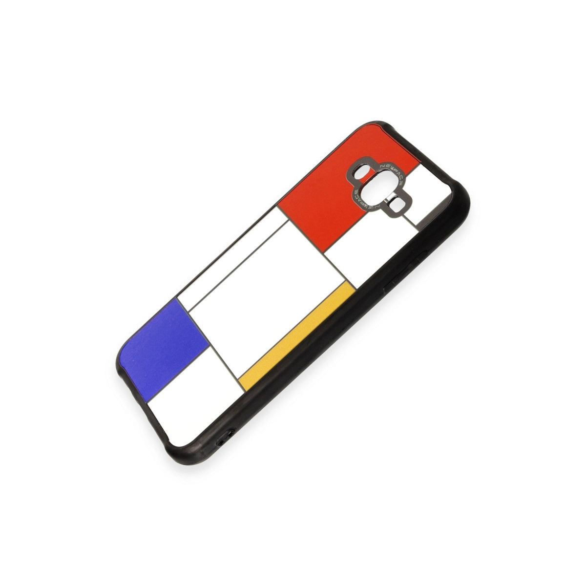Kırmızı, beyaz, mavi ve sarı renklerde Mondrian tarzı desenli siyah telefon kılıfı.
