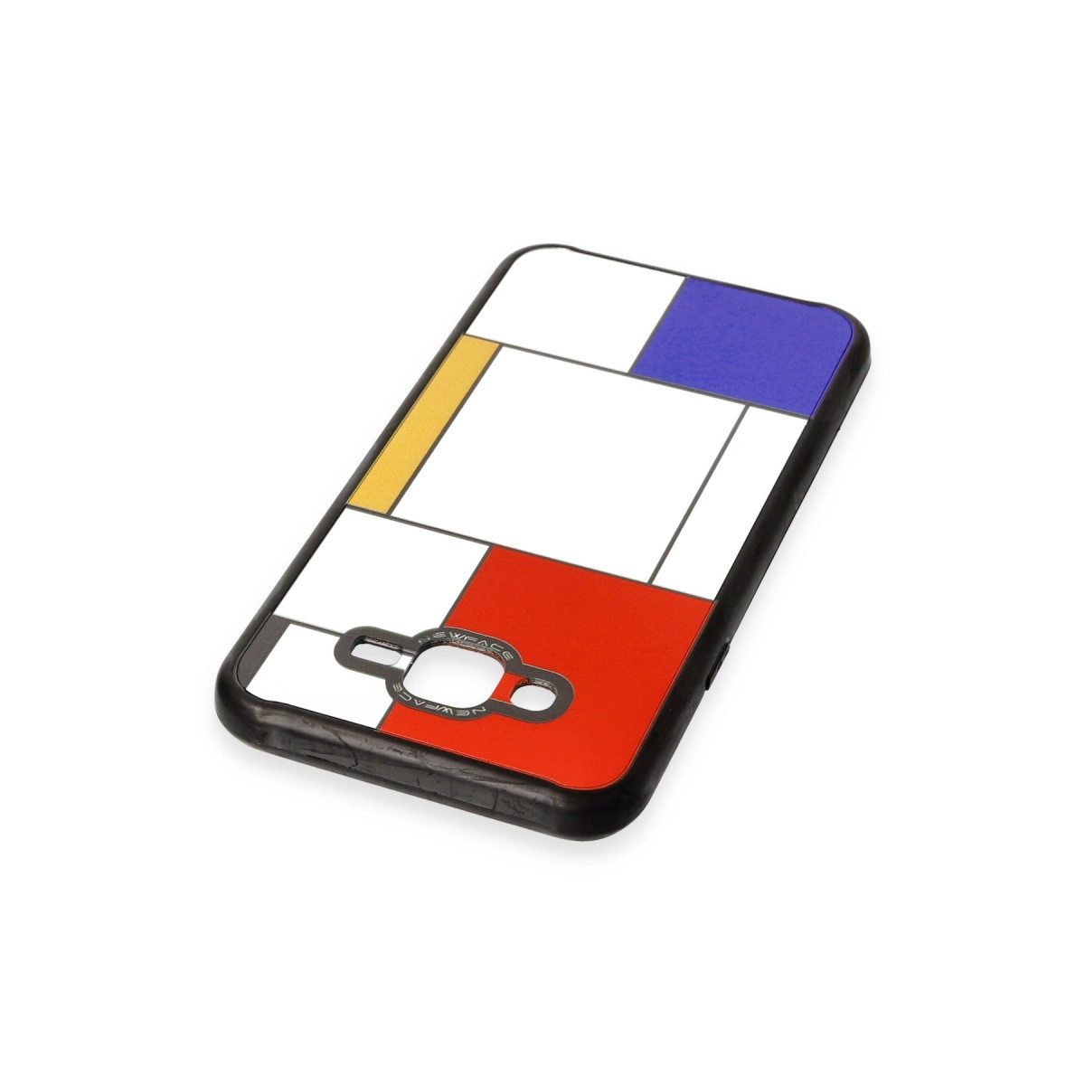 Beyaz, kırmızı, sarı ve mavi bloklara sahip Mondrian desenli siyah telefon kılıfı.