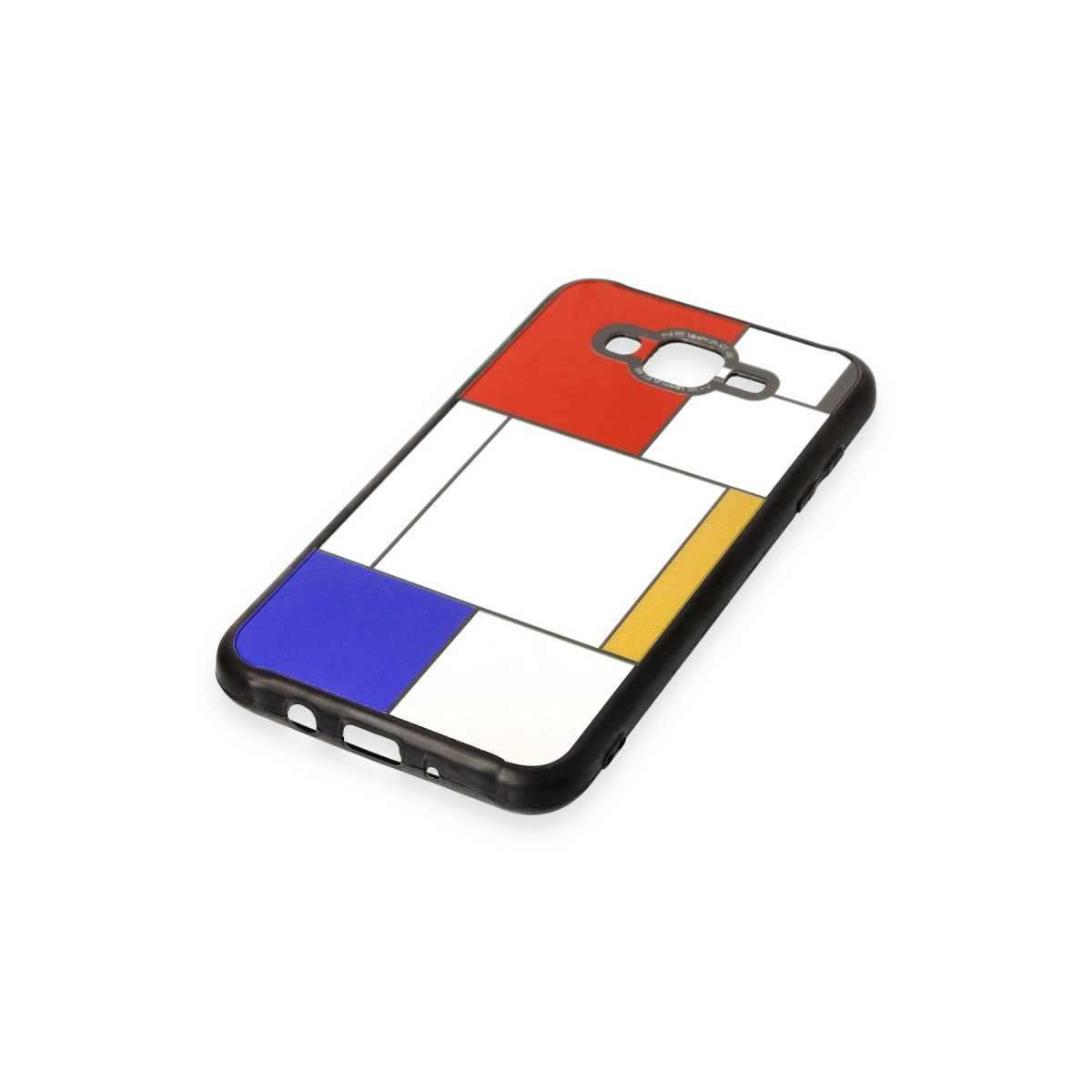 Kırmızı, mavi, sarı ve beyaz Mondrian tasarımlı siyah kenarlı telefon kılıfı.