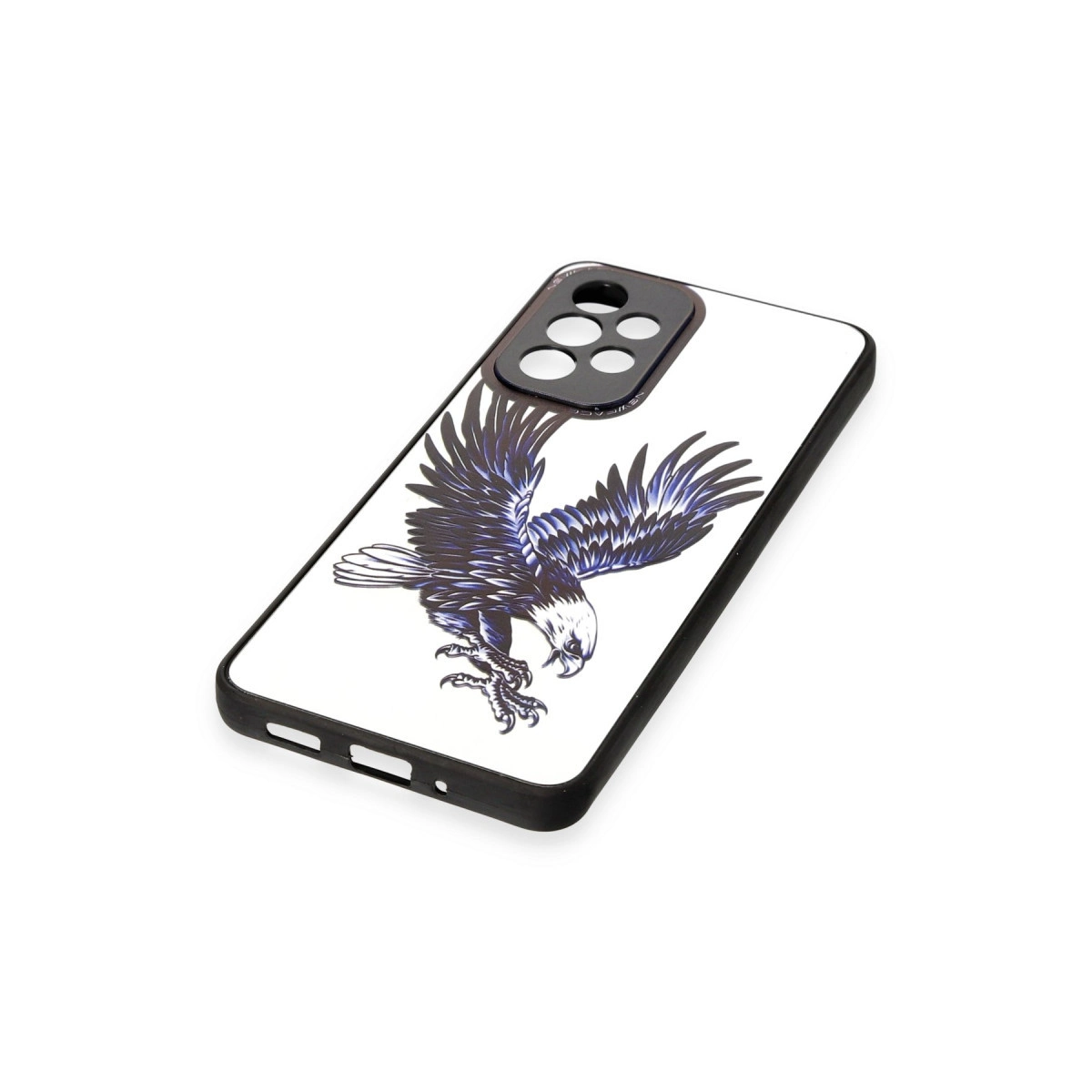 Siyah çerçeveli, kartal baskılı beyaz telefon kılıfı.