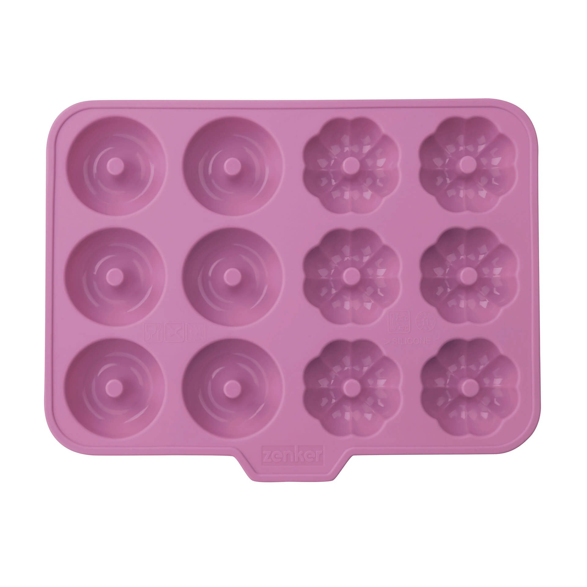 Ein lila Silikon-Backblech mit 12 Mulden, 6 davon sind Donut-förmig, 6 blumenförmig.