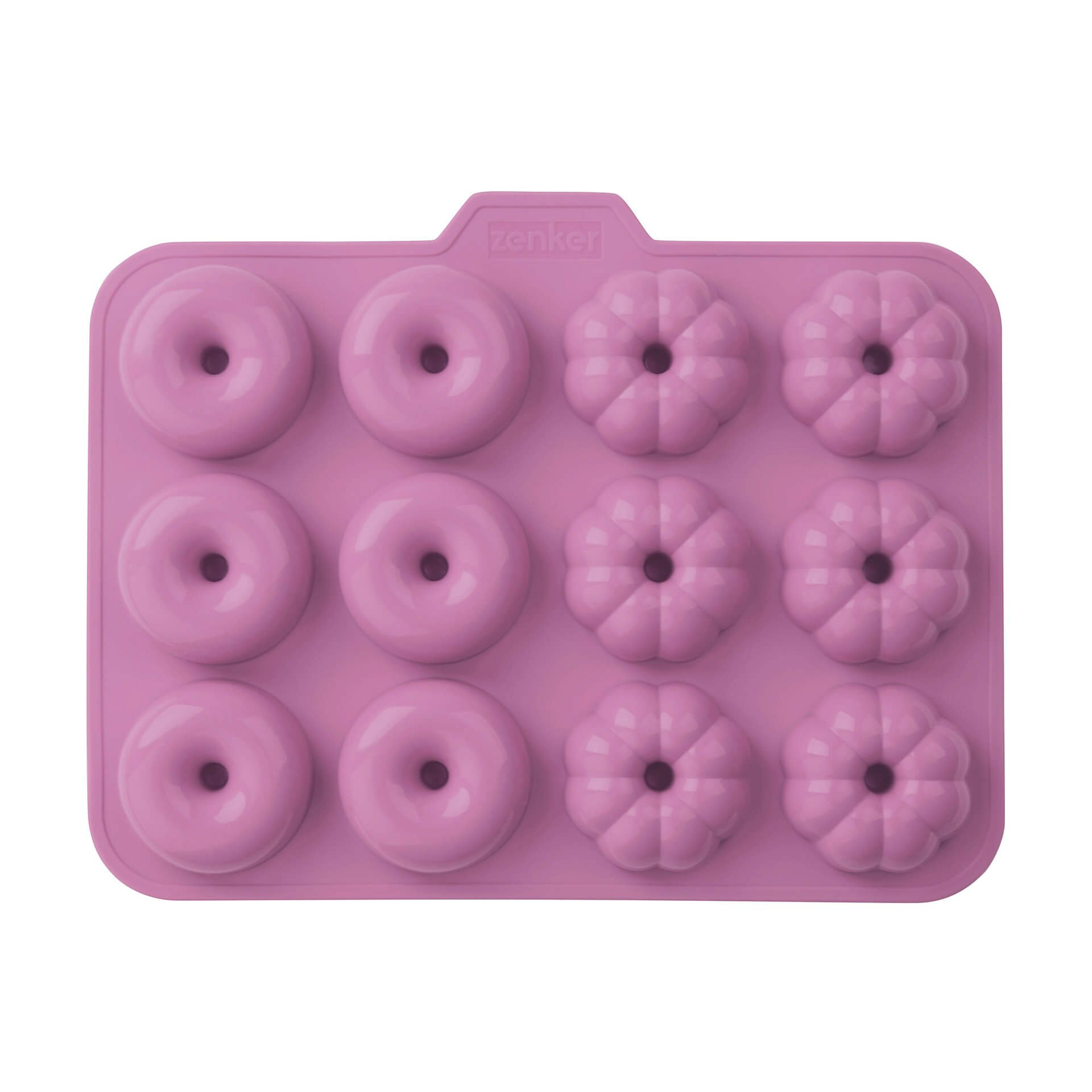 Lila Silikonform mit 12 Mulden, 6 Donut- und 6 Kürbisformen.