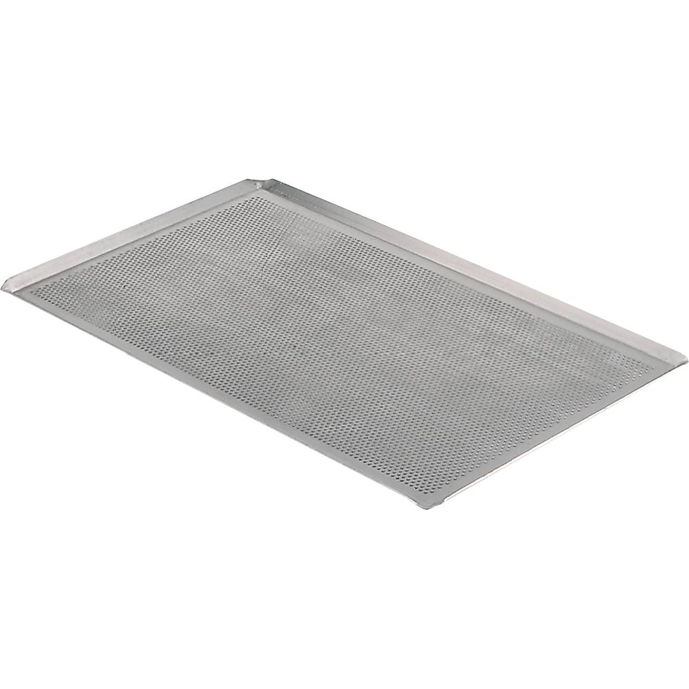Ein perforiertes Backblech aus Metall mit abgerundeten Ecken.