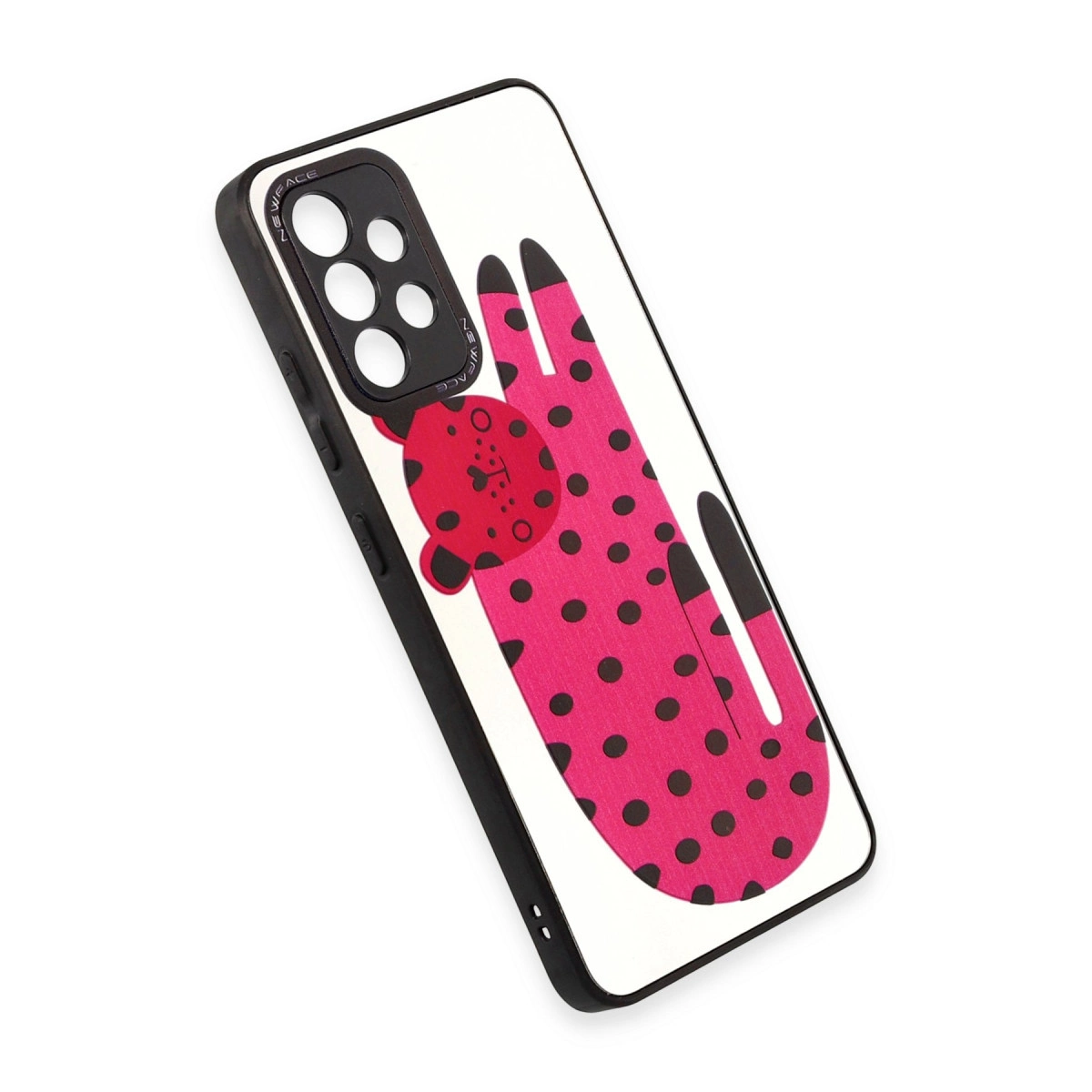 Siyah puantiyeli ve kırmızı leopar desenli pembe telefon kılıfı.