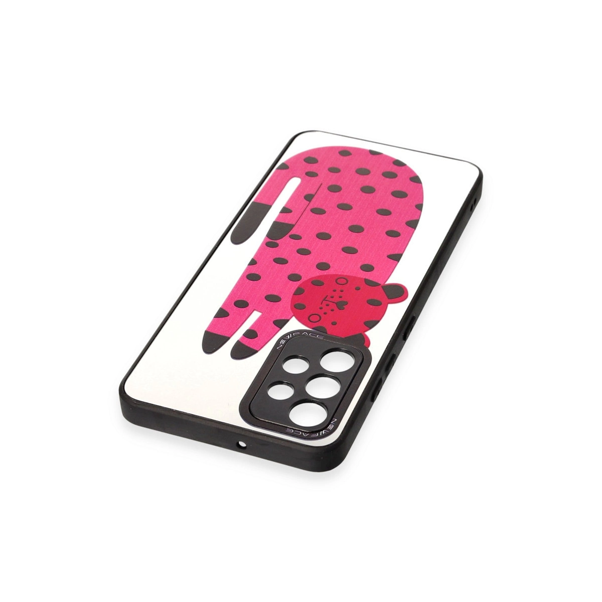 Siyah puantiyeli pembe leopar desenli telefon kılıfı.