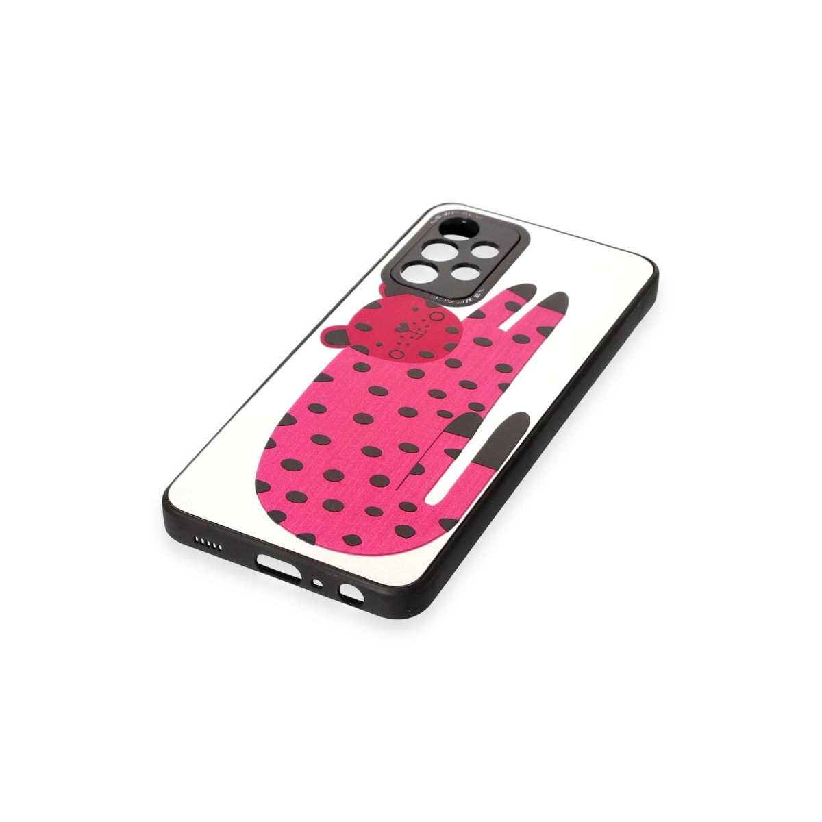 Siyah puantiyeli ve leopar desenli pembe telefon kılıfı.