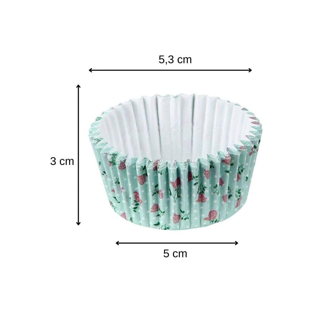 Ein mintgrüner Papierförmchen mit rosa Blumenmuster. Maße: 3x5,3x5 cm.