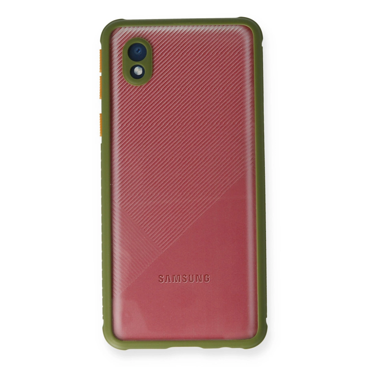Yeşil kenarlı, kırmızı telefon kılıfı ve kamera modülü.