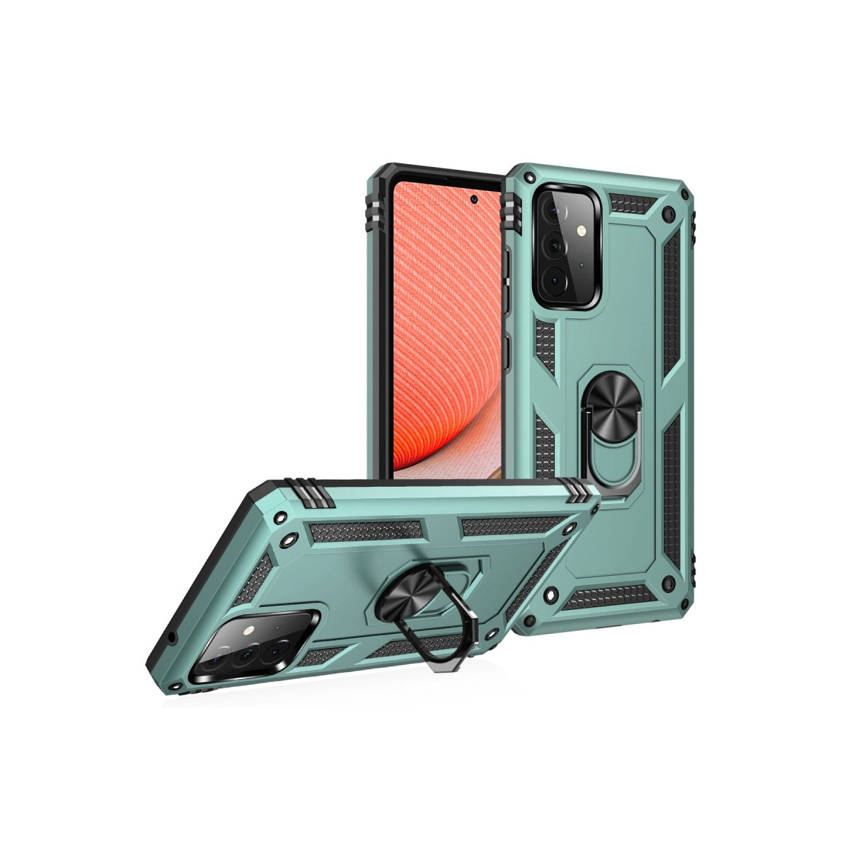 Halka tutuculu iki turkuaz telefon kılıfı, beyaz arka plan