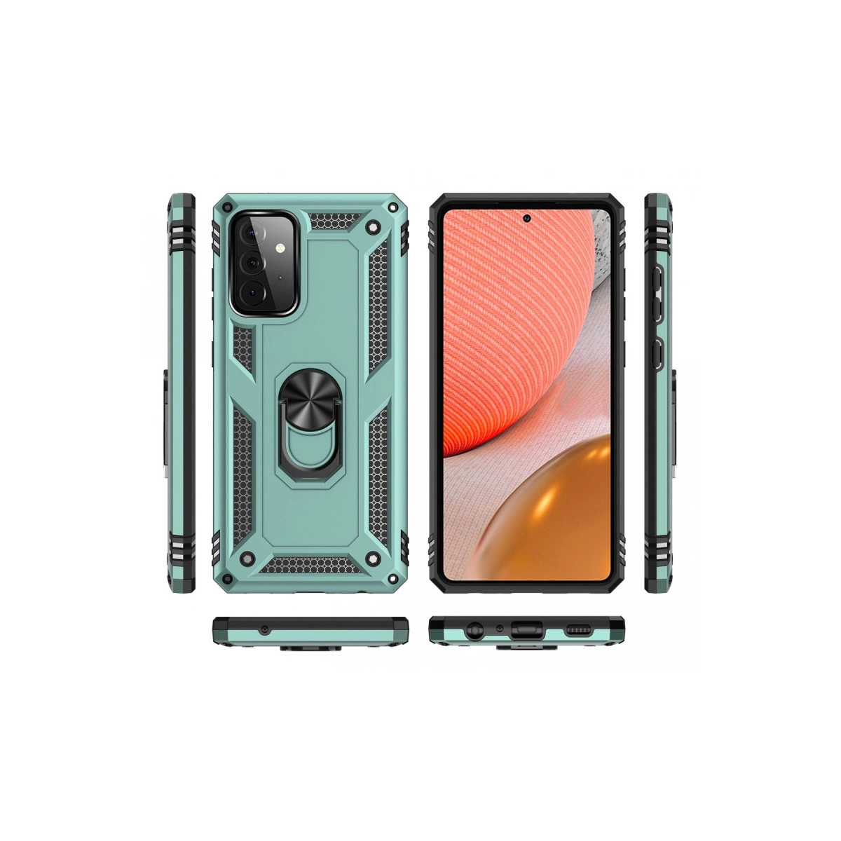 Nane yeşili halka tutuculu telefon kılıfı, ön ve arka görünümler.