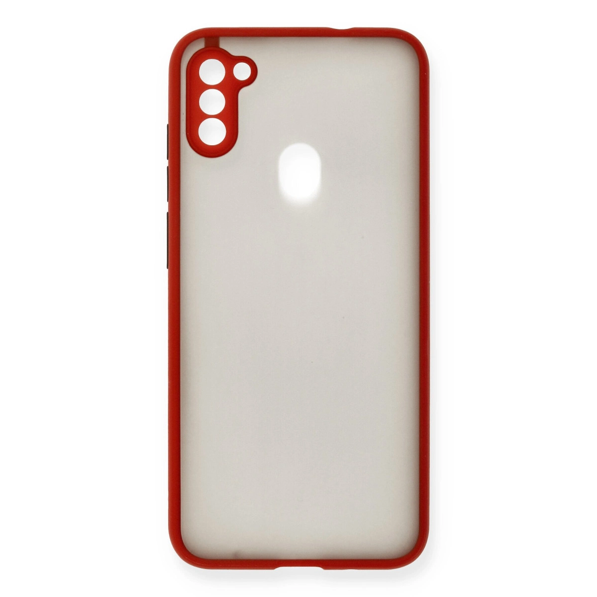Kırmızı kenarlı ve kamera kesimli şeffaf telefon kılıfı.