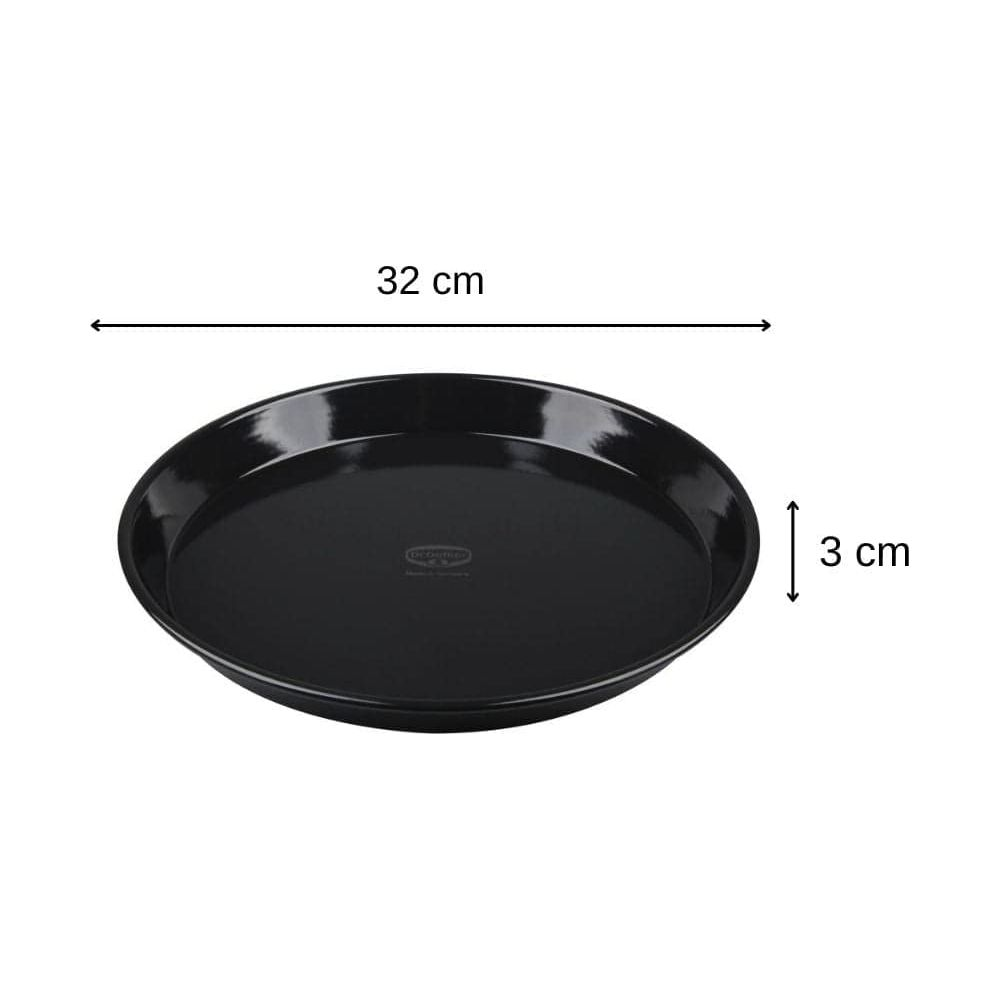 Schwarze, runde Backform mit 32cm Durchmesser und 3cm Höhe.