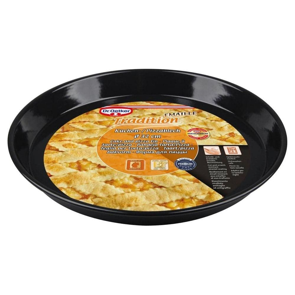 Schwarze runde Kuchen- und Pizzablech von Dr. Oetker mit Kuchenabbildung.