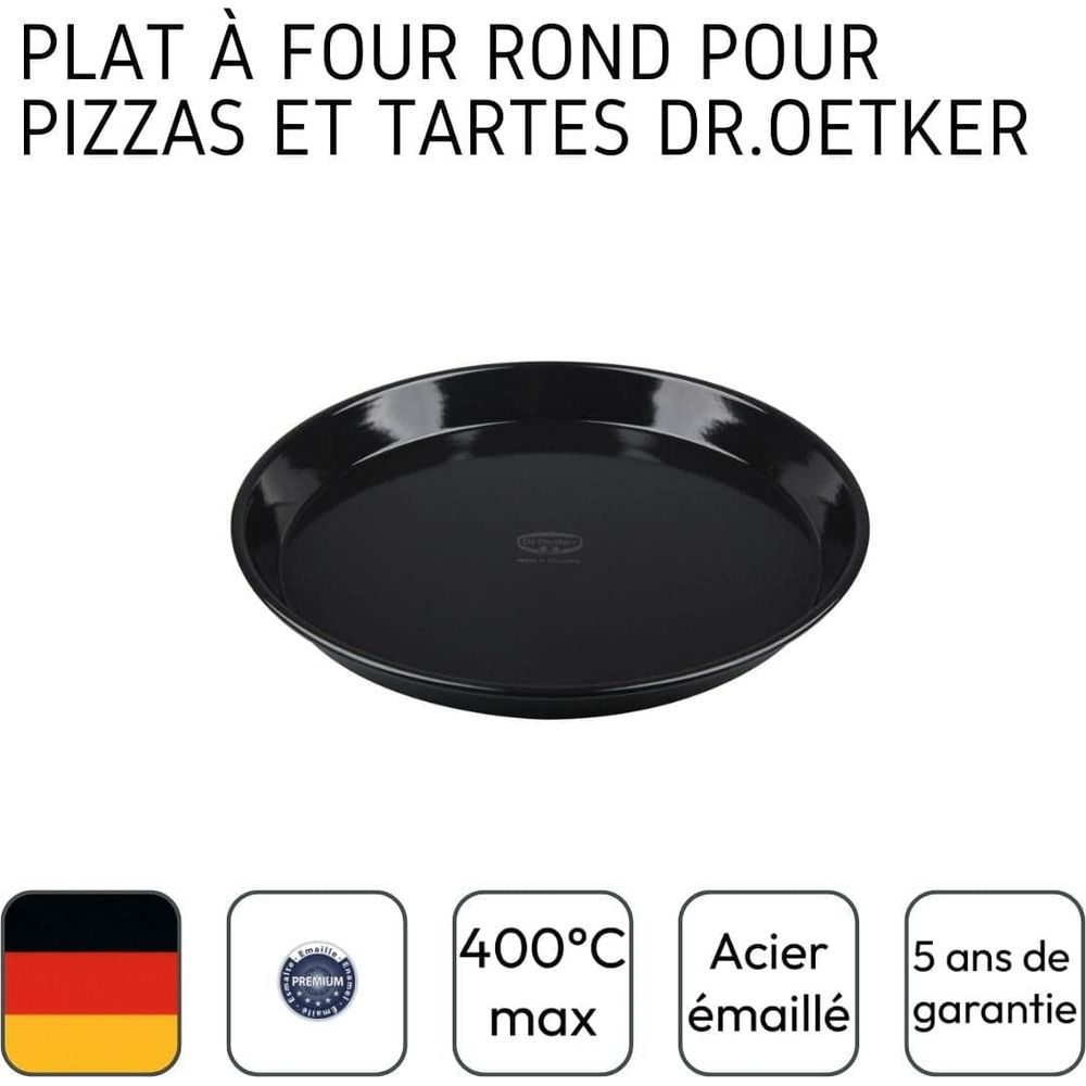 Schwarze runde Dr. Oetker Emaille-Backform für Pizza und Tarte.