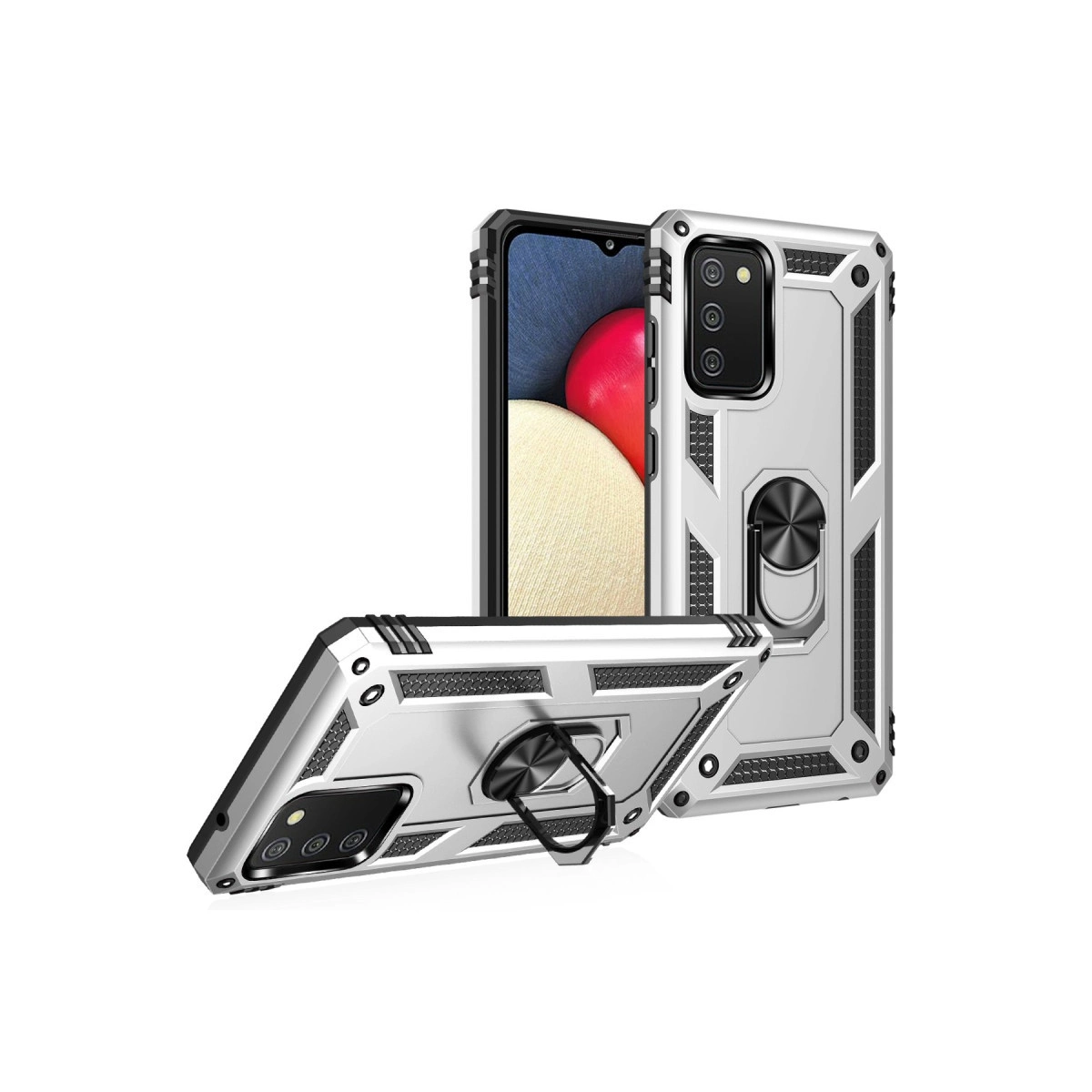 Halka tutuculu ve üçlü kameralı gümüş telefon kılıfı.