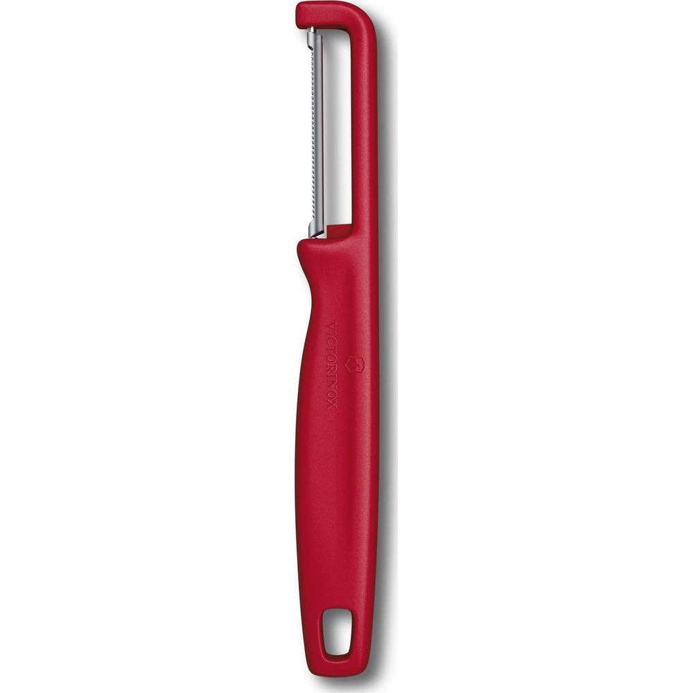 Metal bıçaklı ve saplı kırmızı bir Victorinox soyucu.