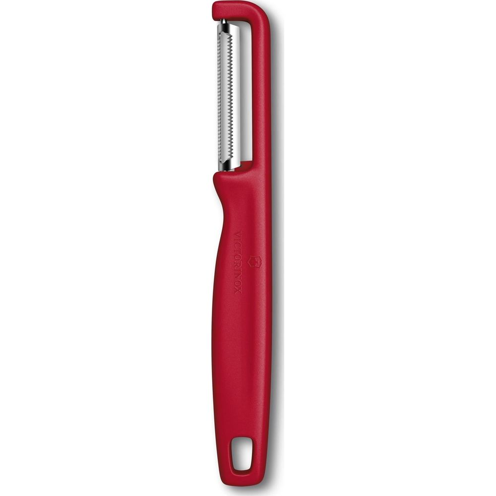 Dişli bıçaklı kırmızı bir Victorinox soyucu.