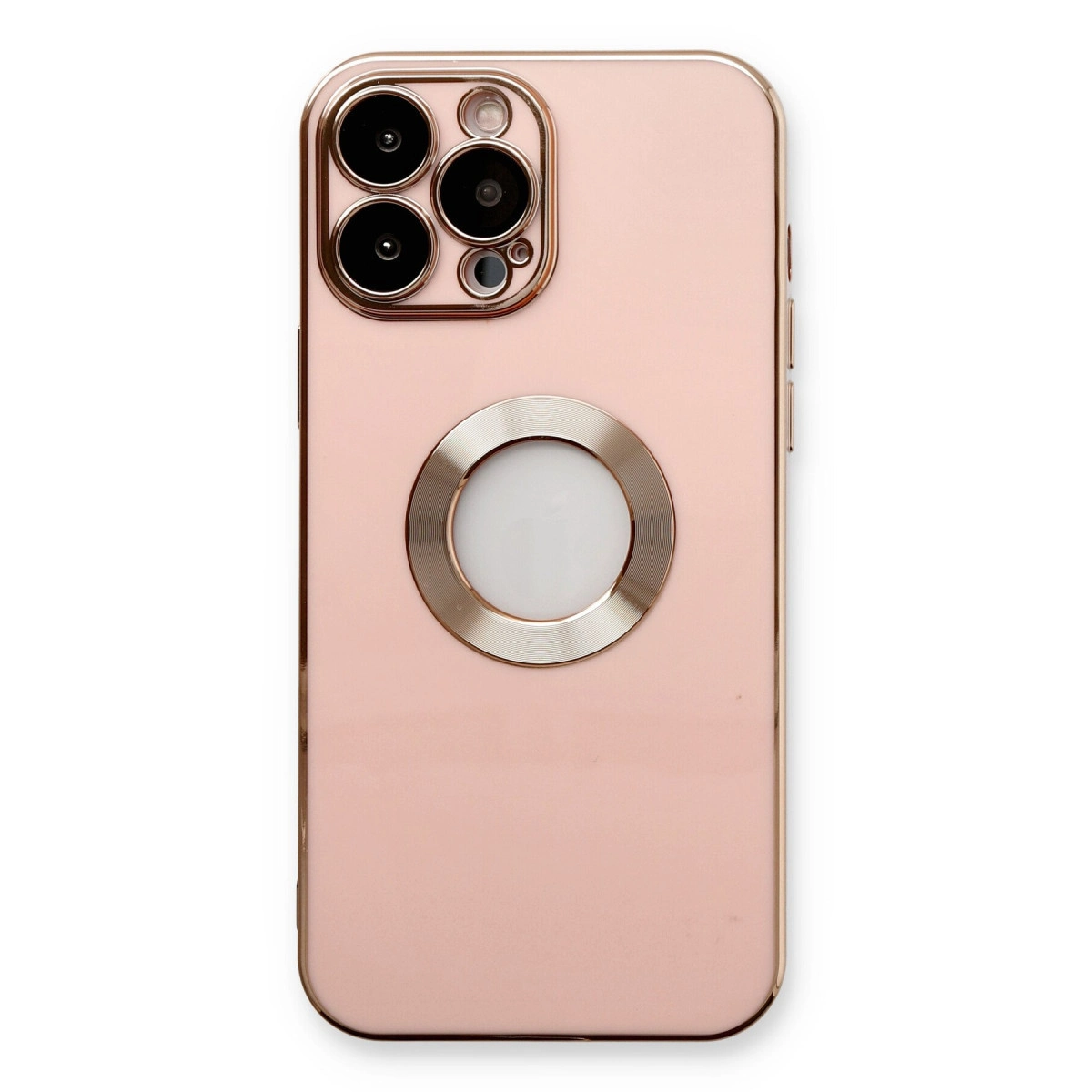 Dört kameralı ve gümüş halkalı pembe telefon kılıfı.