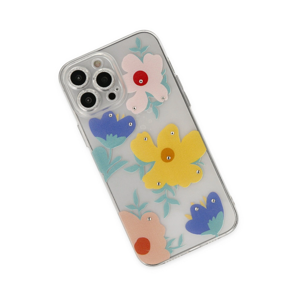 Renkli çiçekler ve taşlarla iPhone kılıfı. Şeffaf kılıf.