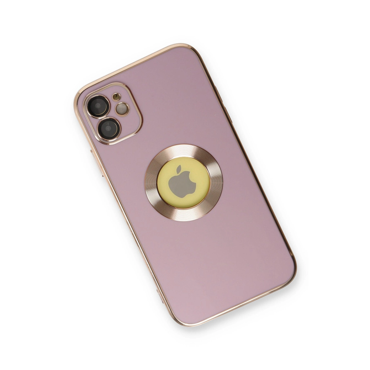 Kameralı pembe iPhone ve arkasında Apple logosu etiketi.