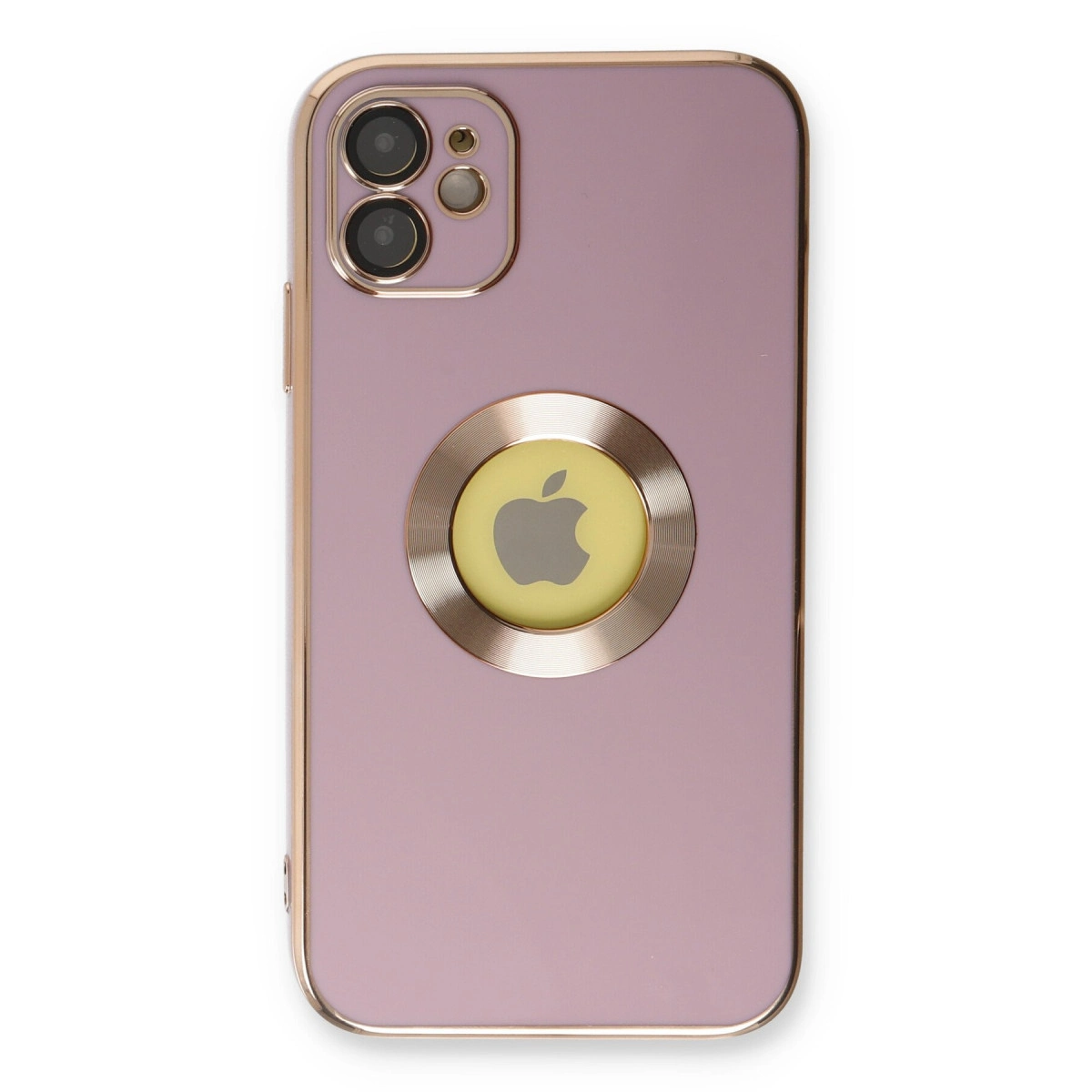 Gümüş Apple logosu ve altın kenarlıklı mor iPhone kılıfı.