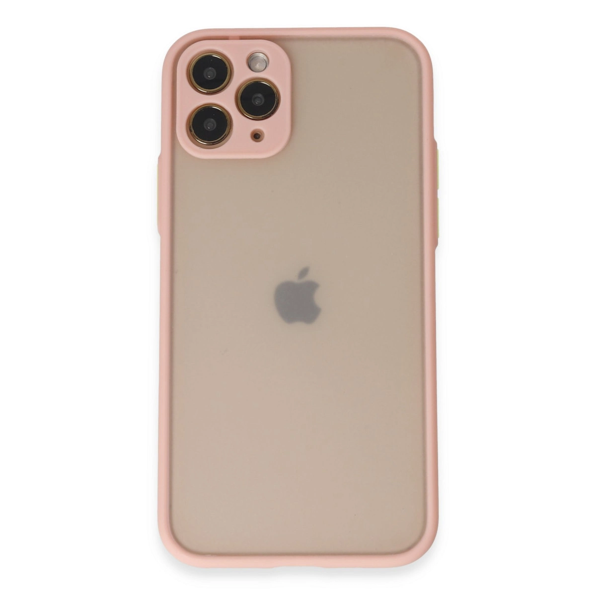 Üç kameralı, pembe çerçeveli açık kahverengi iPhone.