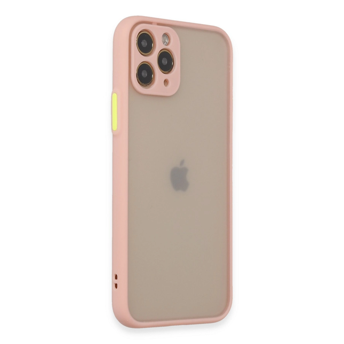 Mat arkalı ve üç kamera lensli pembe iPhone kılıfı.