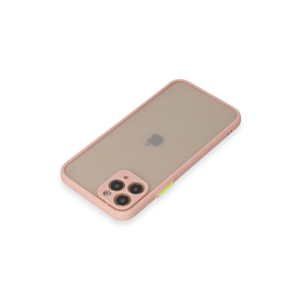 Arkası buzlu ve üç kameralı pembe telefon kılıfı, beyaz zeminde.