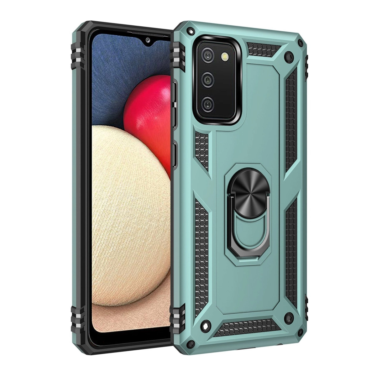 Arkada halka tutuculu, koruyucu kılıf içinde turkuaz rengi bir telefon.