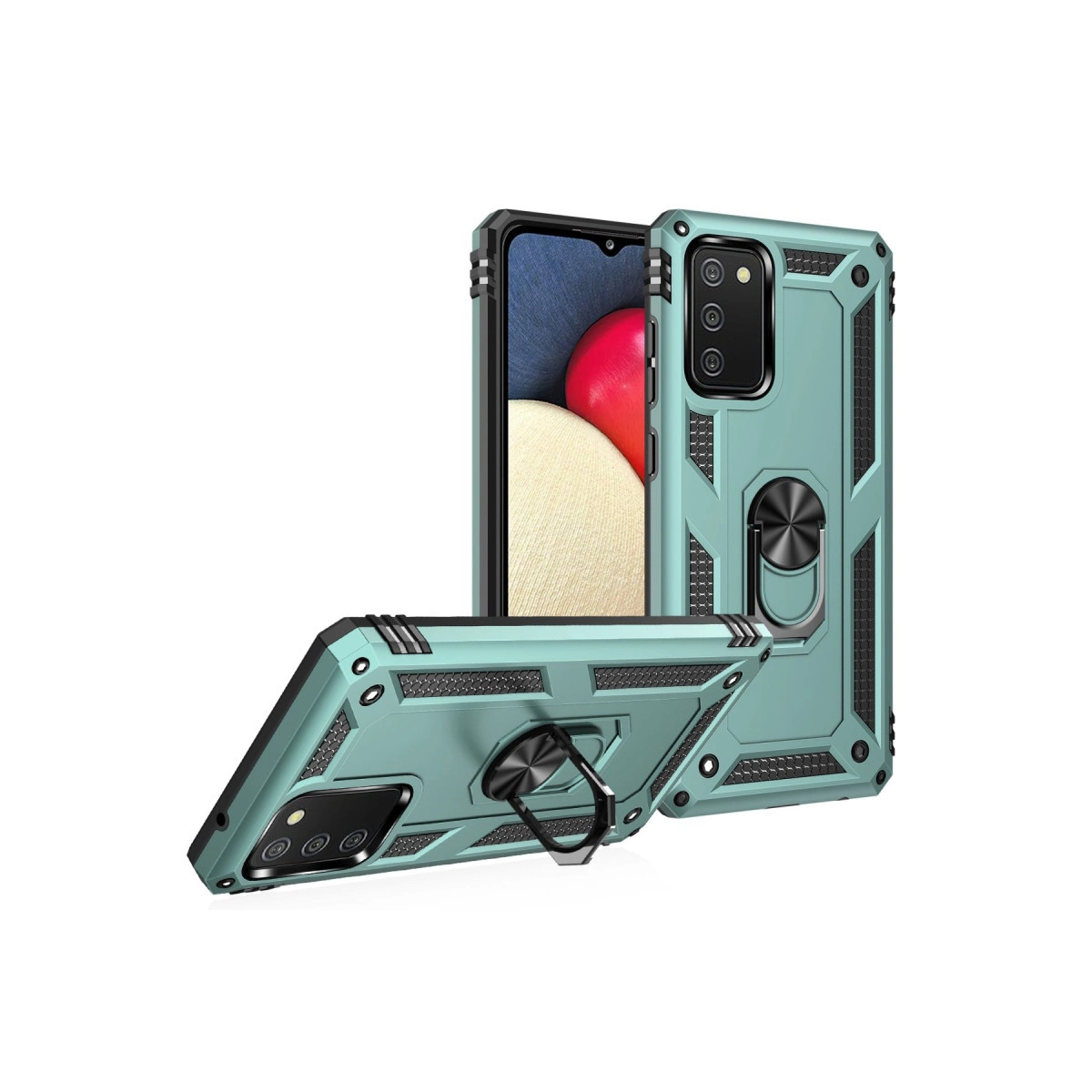 Halka tutuculu turkuaz telefon kılıfı, ön ve arka görünümü.