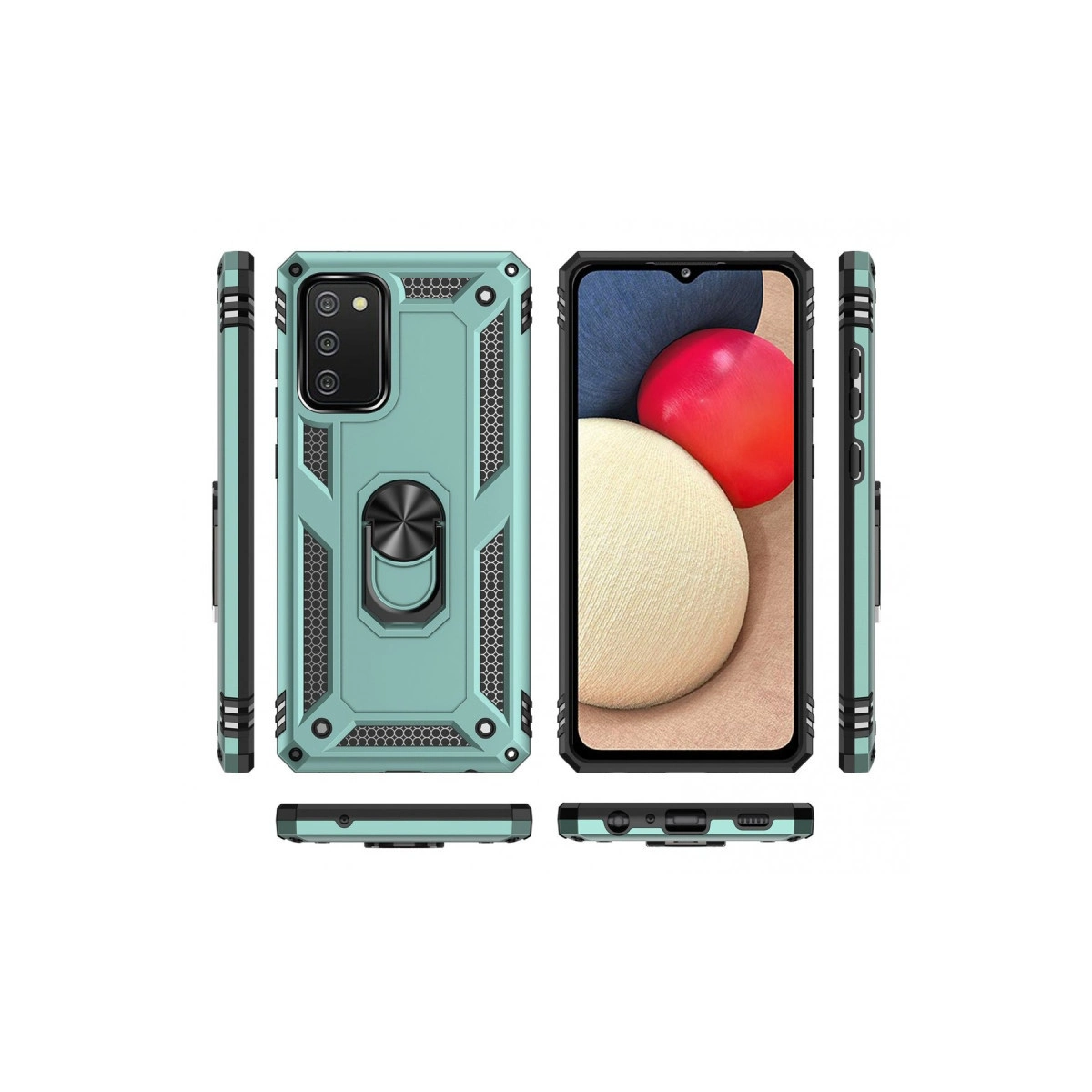 Halka tutuculu turkuaz telefon kılıfı, ön, arka ve yan görünümleri.