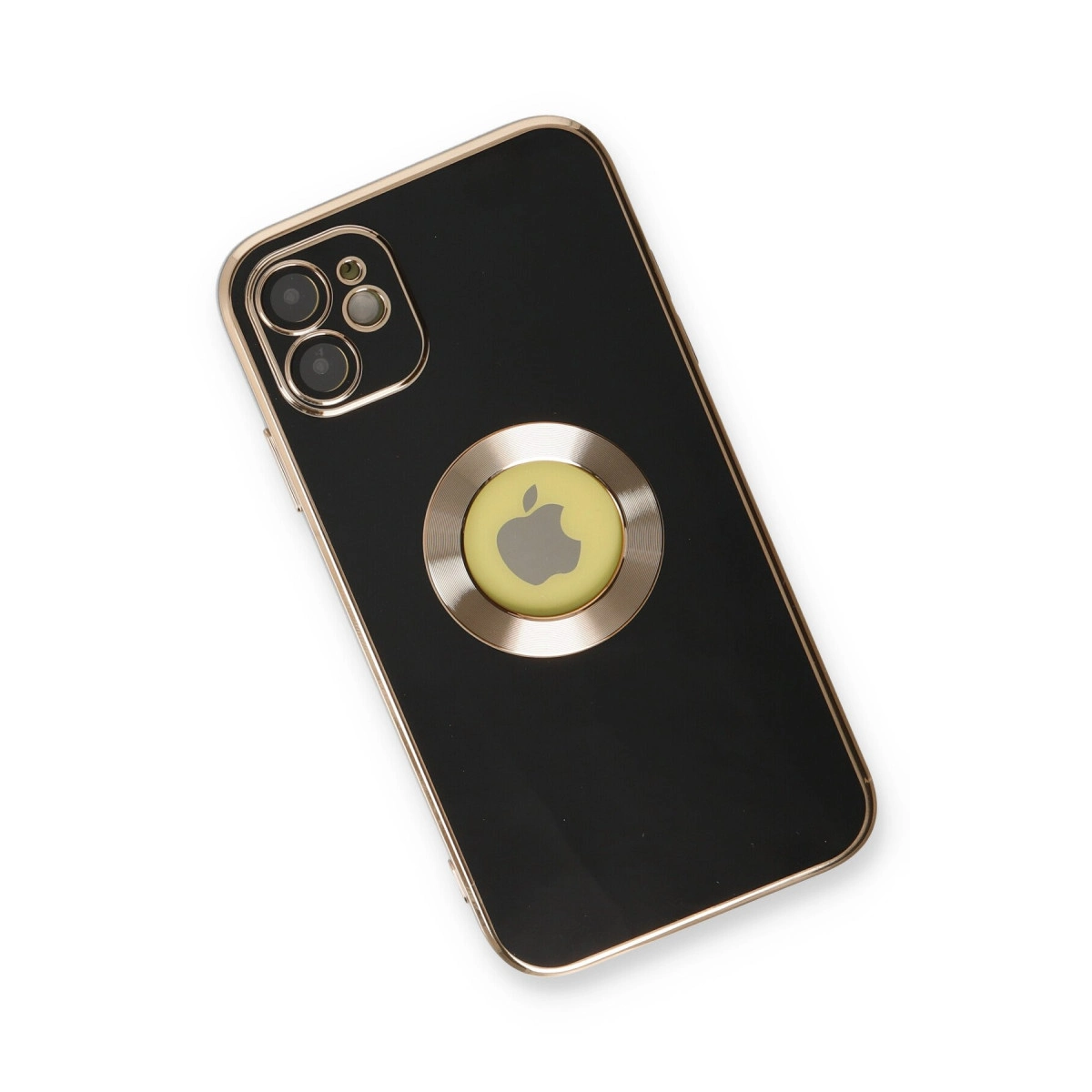 Altın çerçeveli siyah iPhone'un arkasında Apple logosu etiketi bulunur.
