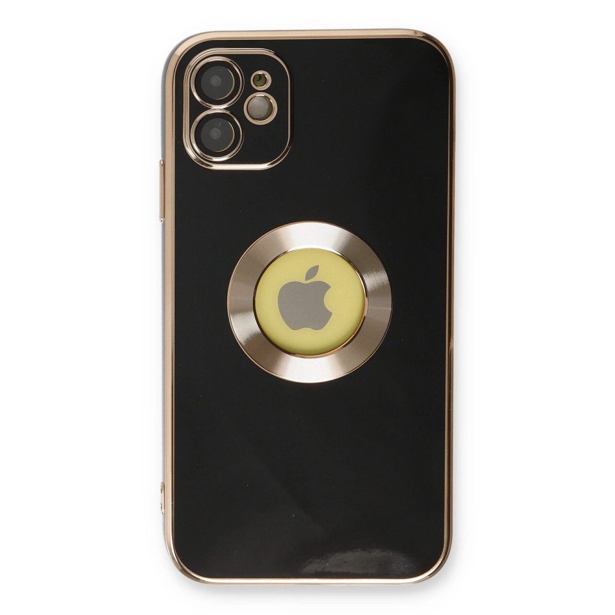 Altın kenarlı siyah iPhone kılıfı, sarı daire üzerinde Apple logosu.