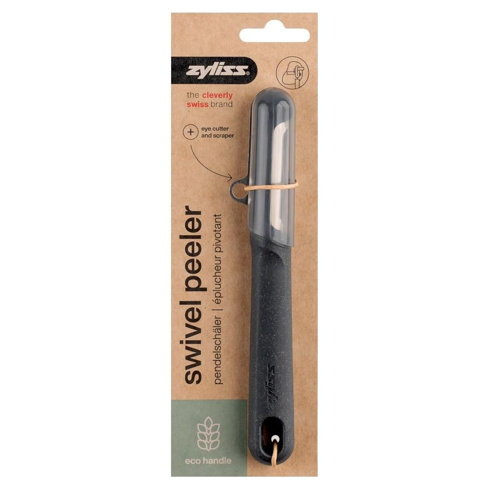 Ein dunkler Zyliss Schälmesser mit durchsichtigem Schutz und "eco handle" Beschriftung.