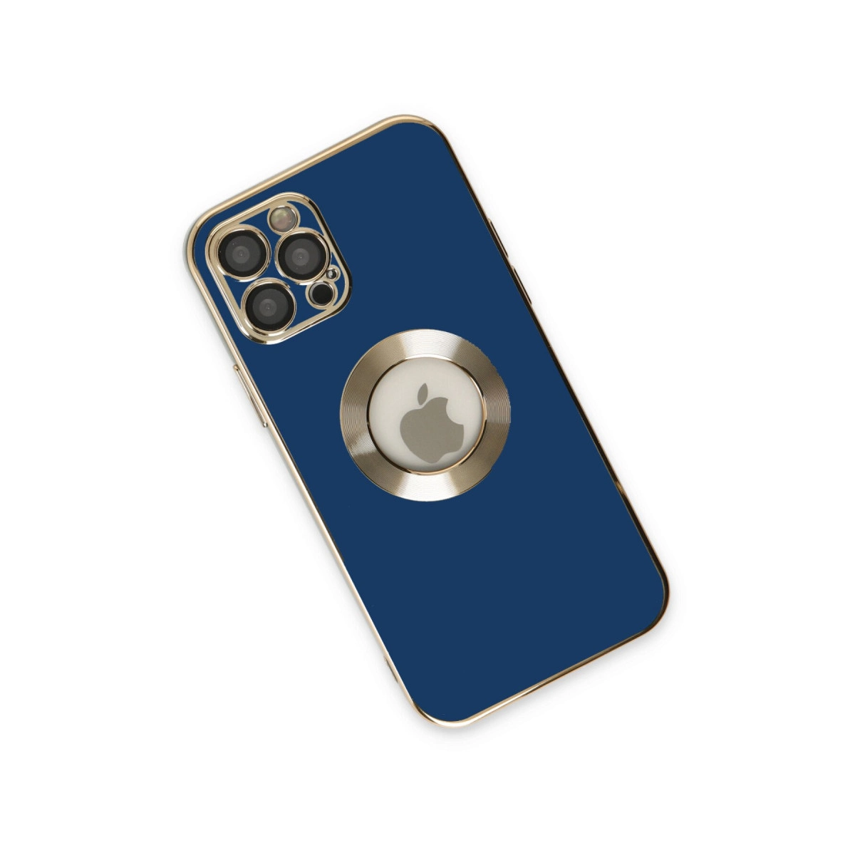 Altın kenarlı, Apple logolu AirTag tutuculu lacivert telefon kılıfı.