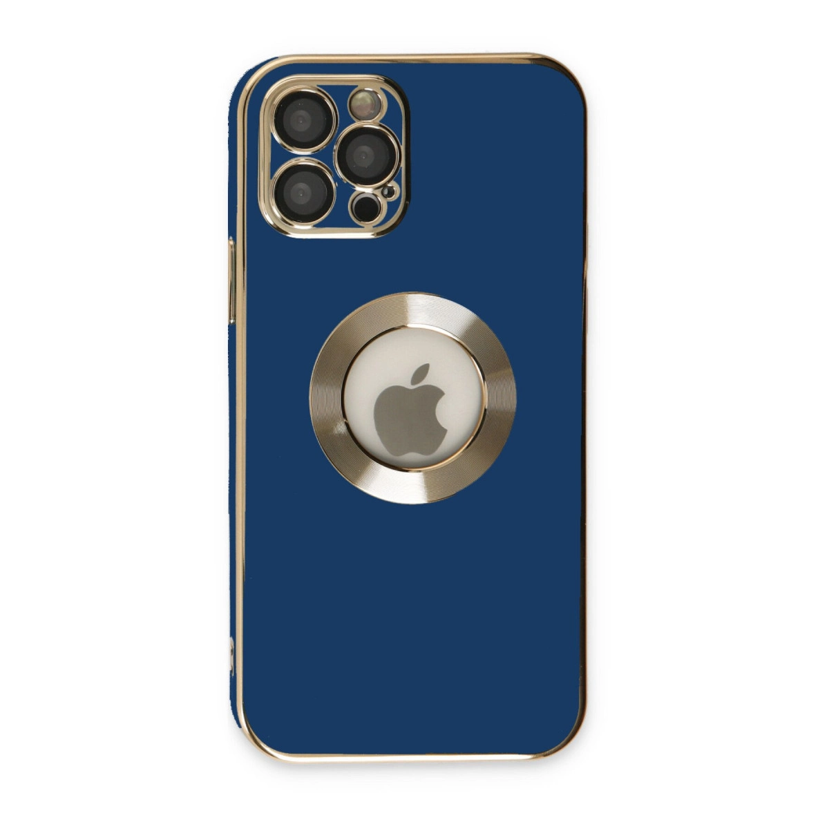 Altın kenarlı, dört kameralı ve Apple logolu koyu mavi telefon kılıfı.