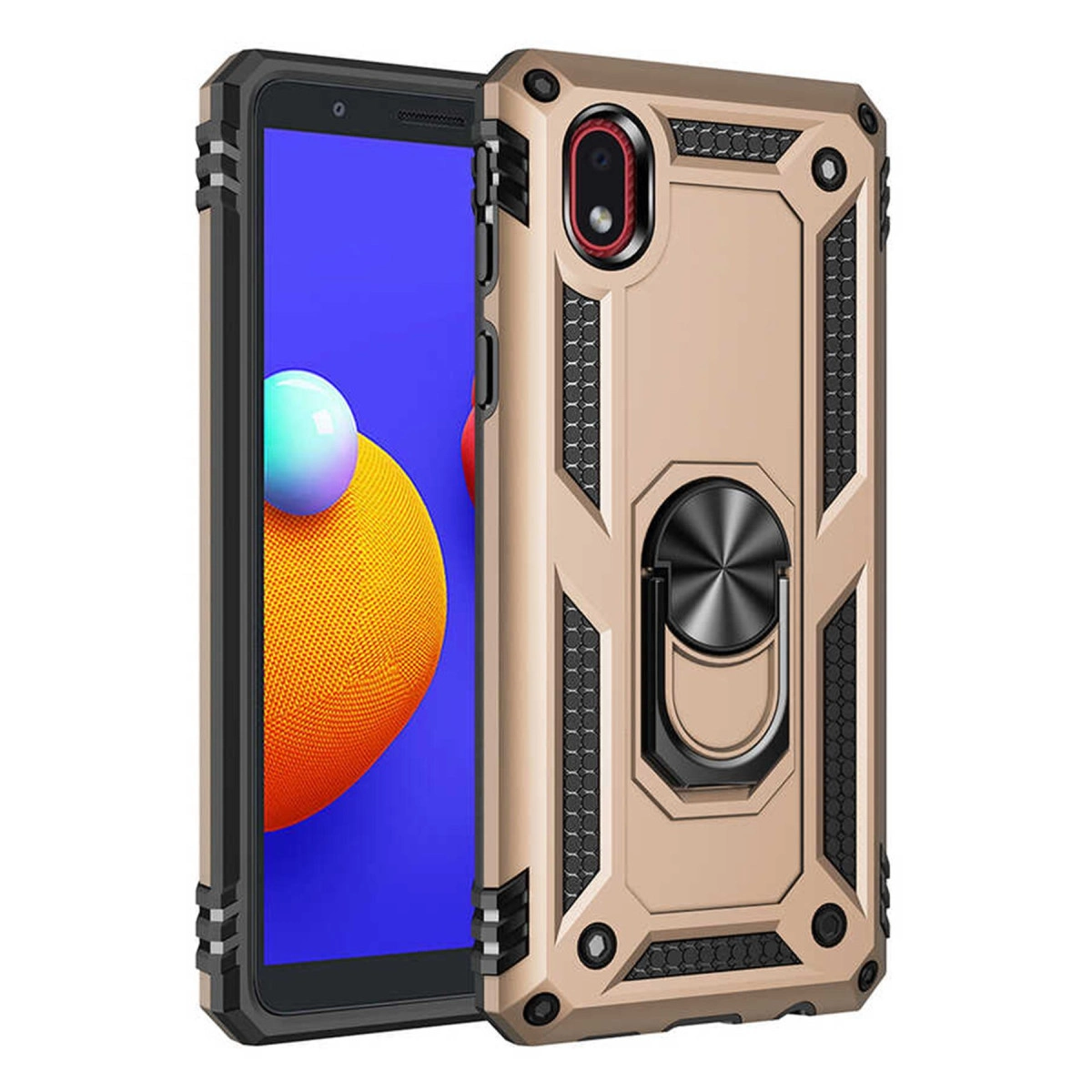Halka tutuculu altın rengi telefon kılıfı, mavi ekranlı bir akıllı telefonun yanında.