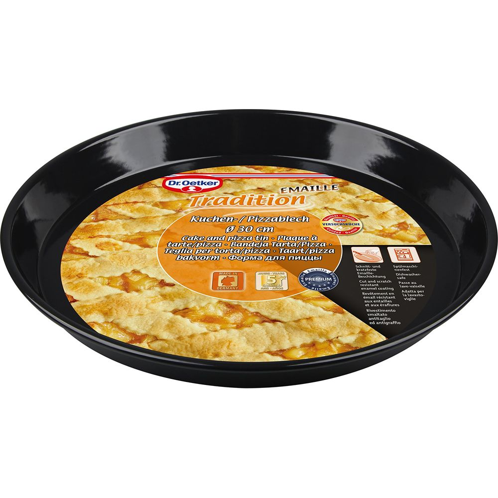 Schwarzer Dr. Oetker Kuchen- und Pizzablech mit 30 cm Durchmesser.
