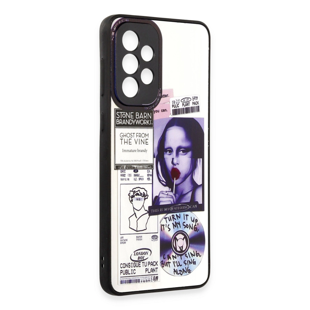 Mona Lisa resmi, metin ve CD grafiği olan telefon kılıfı.