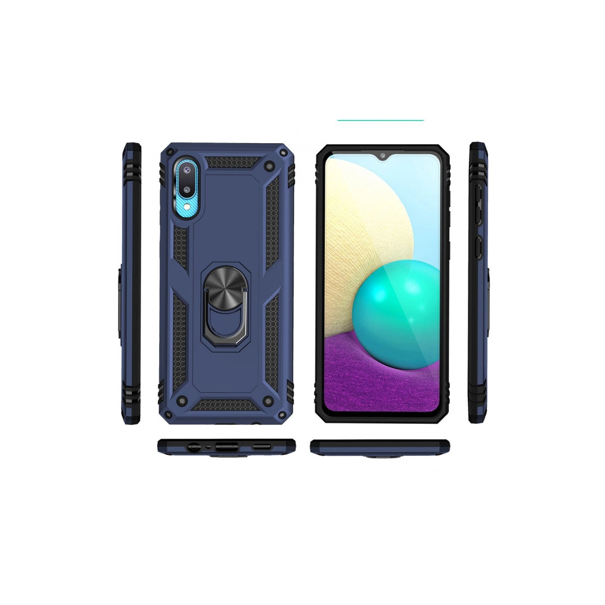 Standlı ve akıllı telefon ekranlı lacivert telefon kılıfı.
