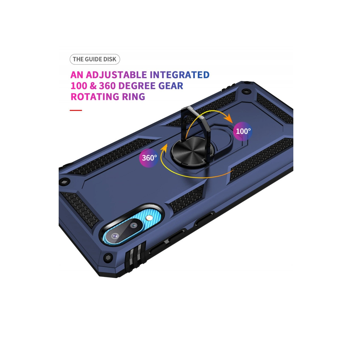 Entegre halka tutuculu lacivert telefon kılıfı, 360° ve 100° dönebilir.