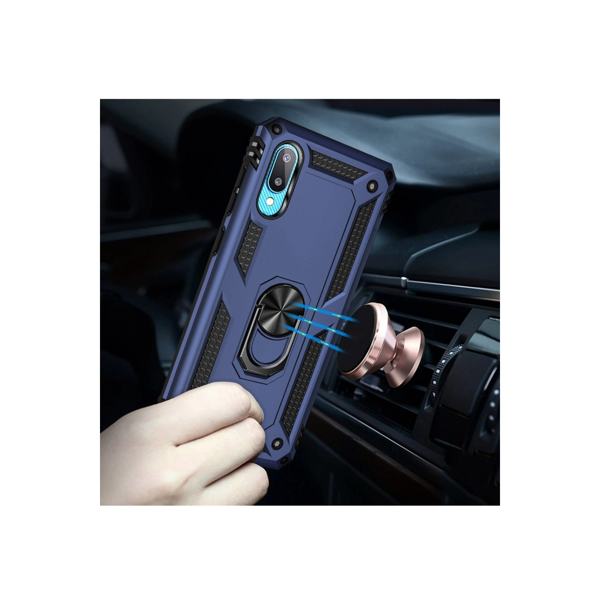 Araba havalandırma ızgarasına takılı halka tutuculu mavi telefon kılıfı.
