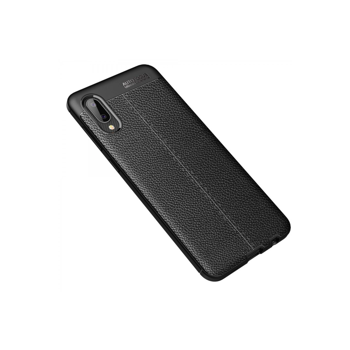 Dikişli, siyah, dokulu deri telefon kılıfı, beyazda izole edilmiş.