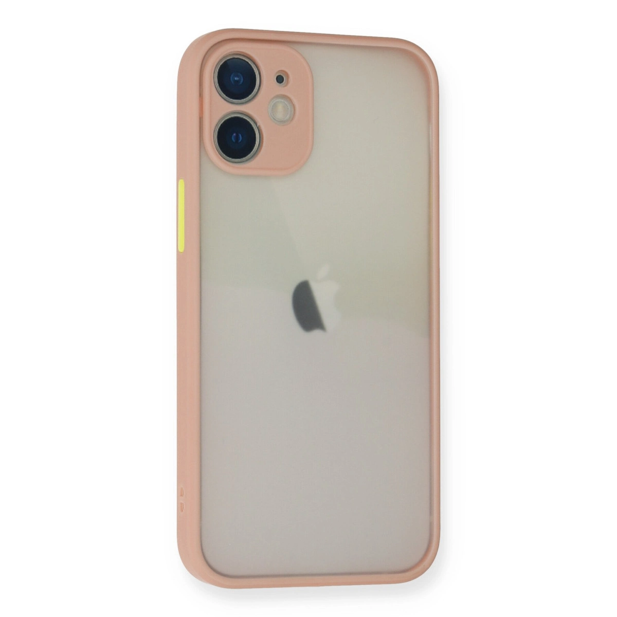Şeffaf arka ve kameralı pembe iPhone kılıfı.