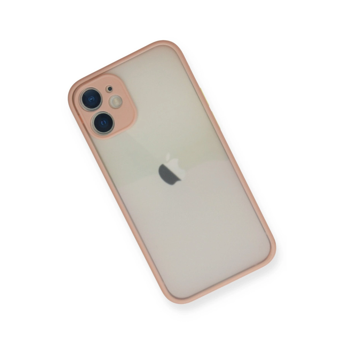 Pembe kenarlı, iki kameralı şeffaf bir iPhone.