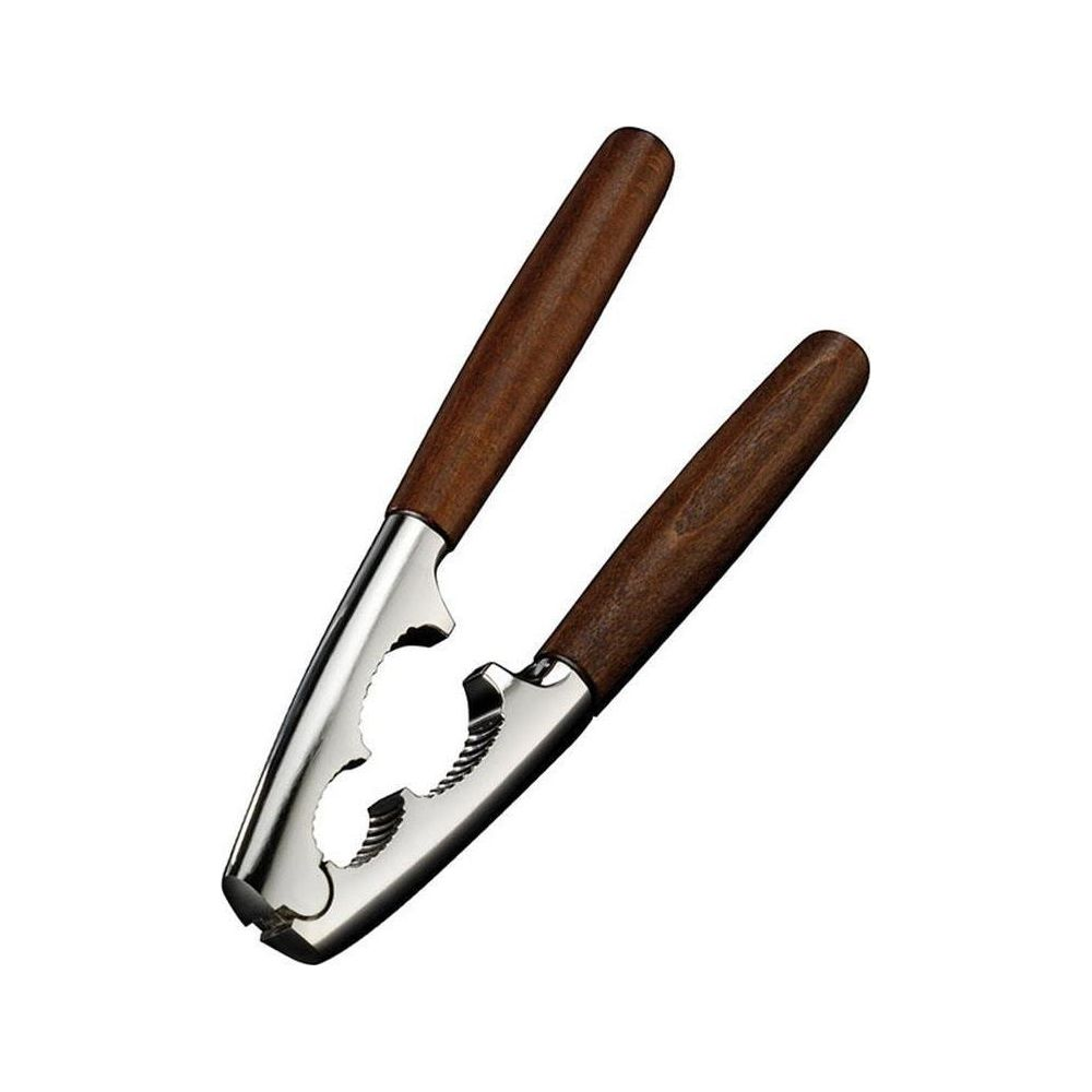 Eine Nussknacker mit Holzgriffen und Metallbacken auf weißem Hintergrund.